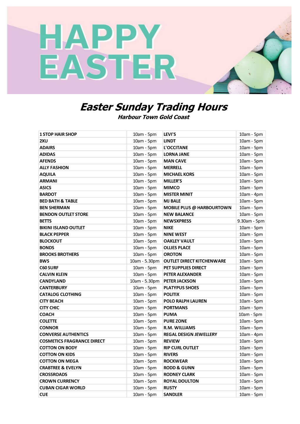 Easter Sunday Trading Hours Harbour Town Gold Coast