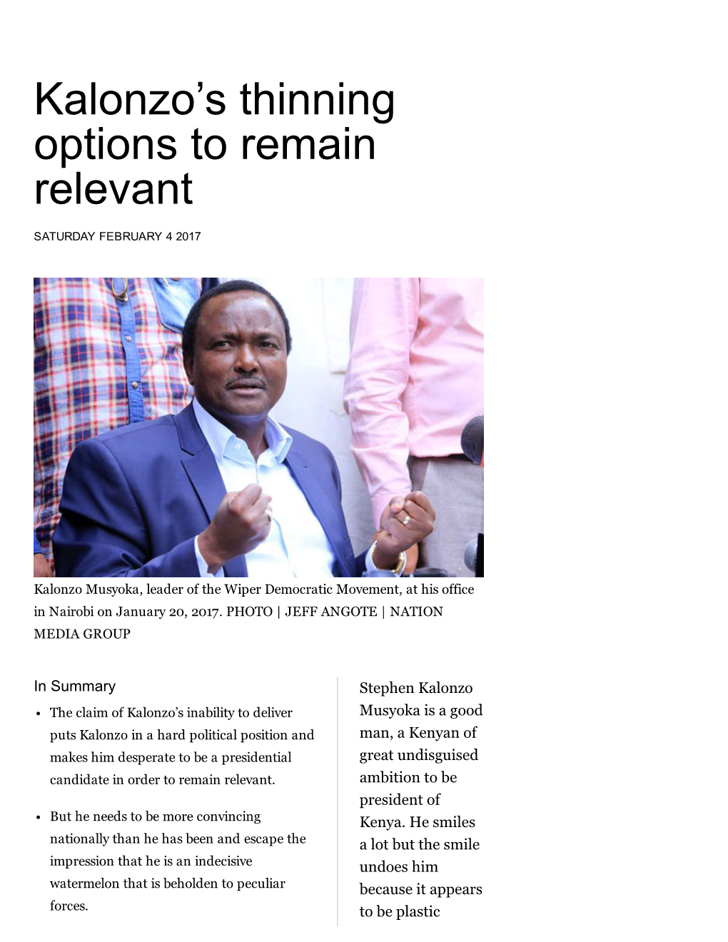 Kalonzo's Thinning Options to Remain Relevant