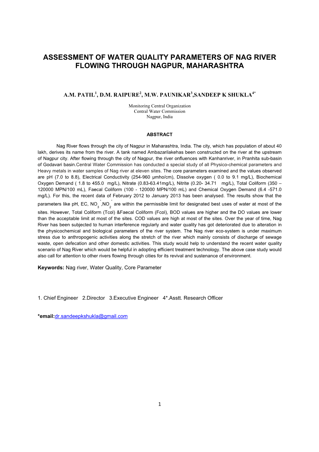 Assessment of Water Quality Parameters of Nag River Flowing Through Nagpur, Maharashtra