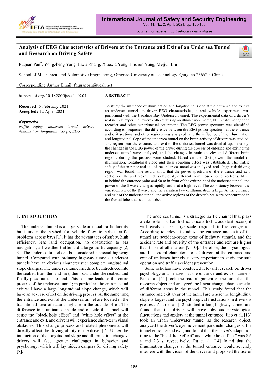 Analysis of EEG Characteristics of Drivers at the Entrance and Exit of an Undersea Tunnel and Research on Driving Safety