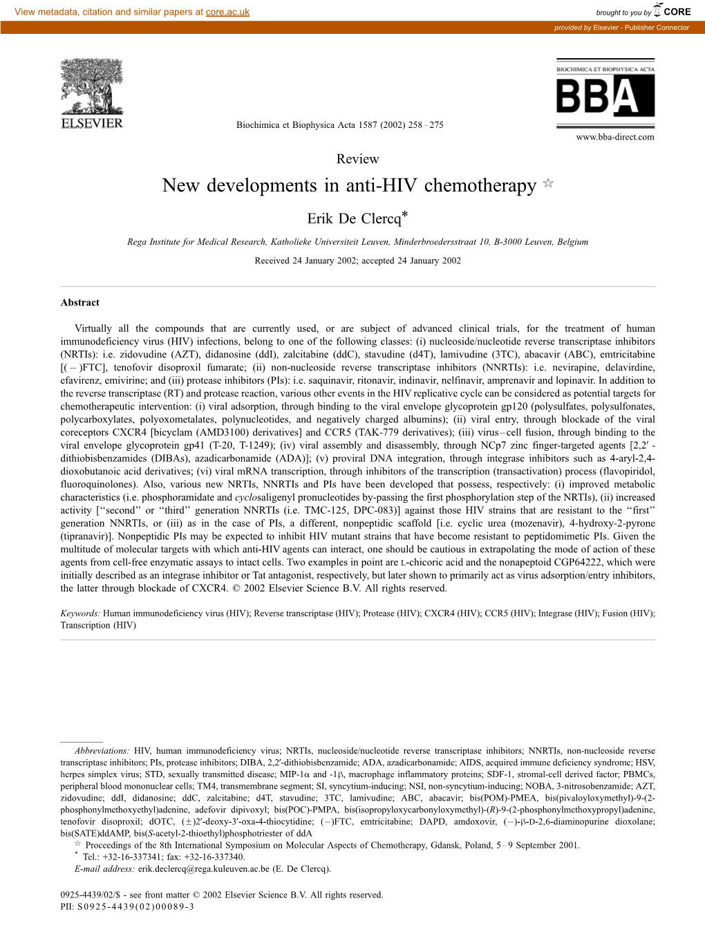 New Developments in Anti-HIV Chemotherapy $