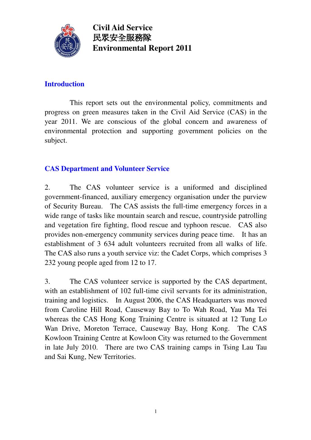 Civil Aid Service Environmental Report 2011