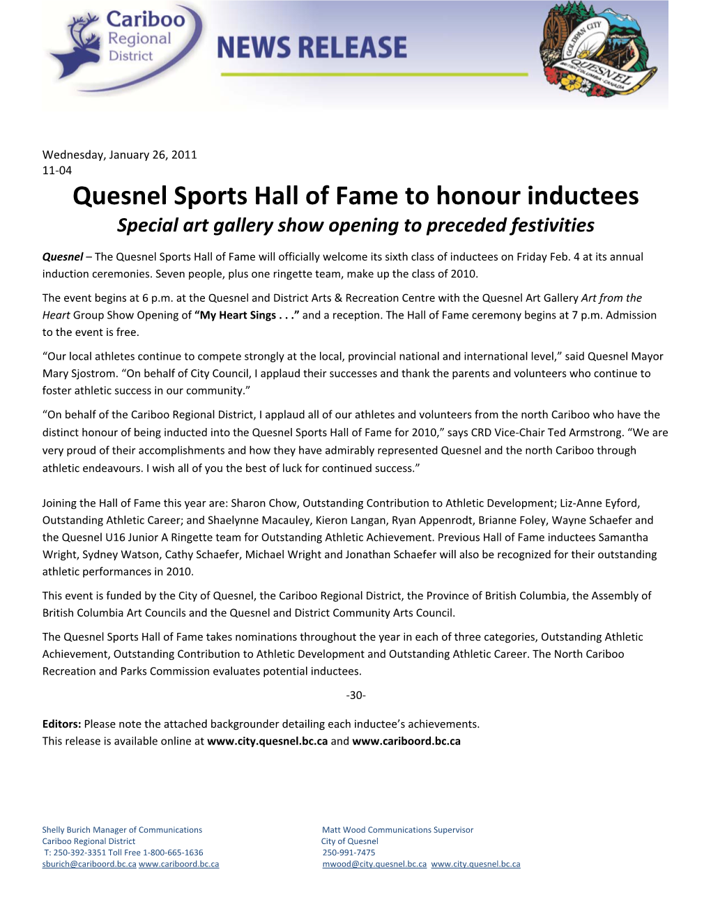 Quesnel Sports Hall of Fame to Honour Inductees Special Art Gallery Show Opening to Preceded Festivities
