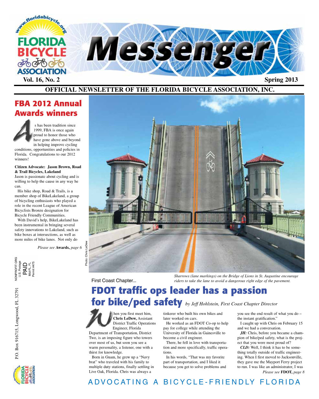 Spring 2013 OFFICIAL NEWSLETTER of the FLORIDA BICYCLE ASSOCIATION, INC