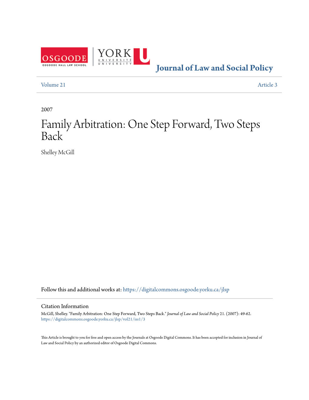 Family Arbitration: One Step Forward, Two Steps Back Shelley Mcgill