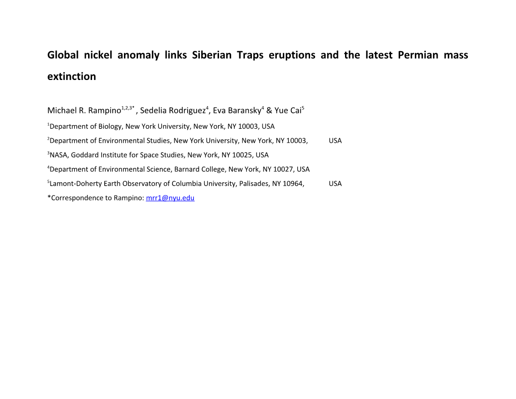 Global Nickel Anomaly Links Siberian Traps Eruptions and the Latest Permian Mass Extinction