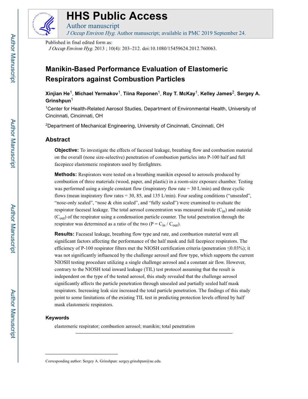 Manikin-Based Performance Evaluation of Elastomeric Respirators Against Combustion Particles