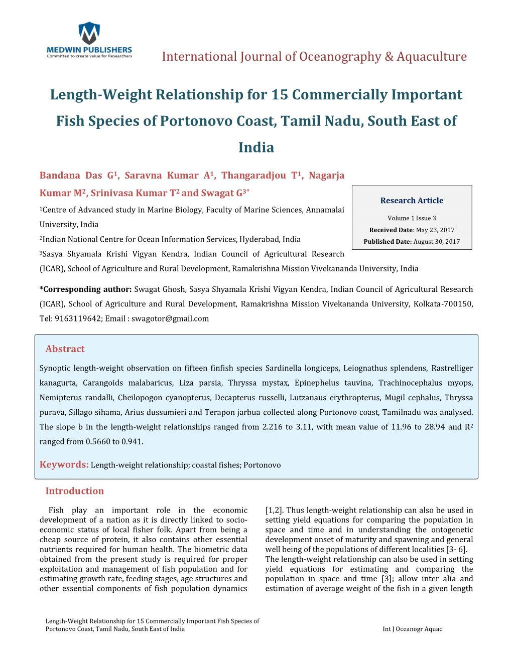 Length-Weight Relationship for 15 Commercially Important Fish Species of Portonovo Coast, Tamil Nadu, South East of India