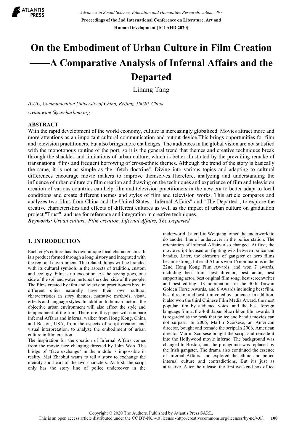 A Comparative Analysis of Infernal Affairs and the Departed Lihang Tang