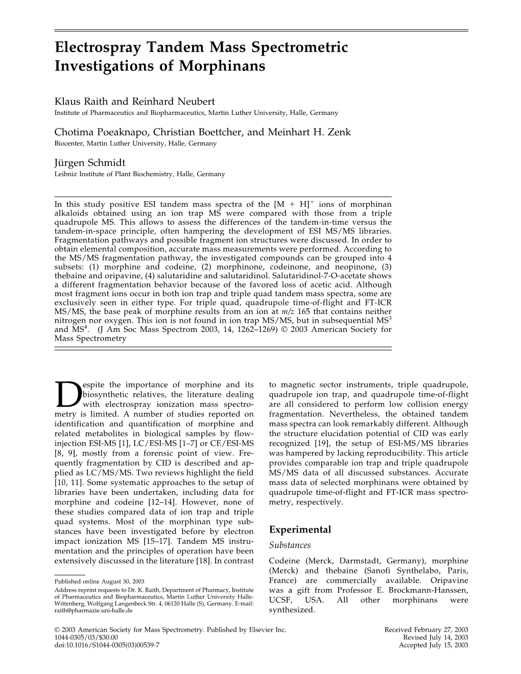 Electrospray Tandem Mass Spectrometric Investigations of Morphinans