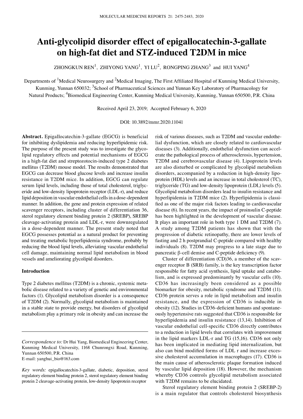 Anti‑Glycolipid Disorder Effect of Epigallocatechin‑3‑Gallate on High‑Fat Diet and STZ‑Induced T2DM in Mice