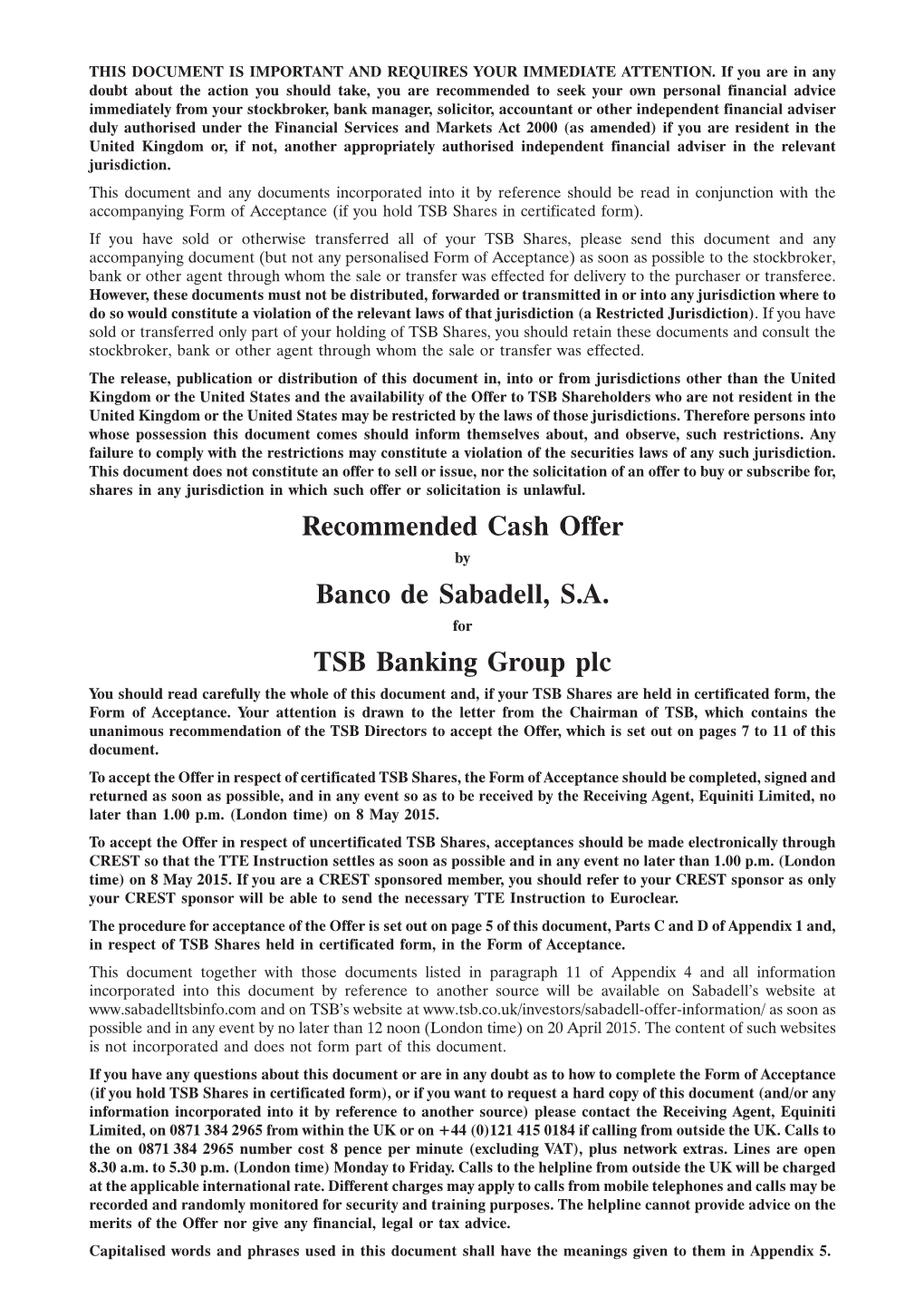 Recommended Cash Offer Banco De Sabadell, S.A. TSB Banking Group