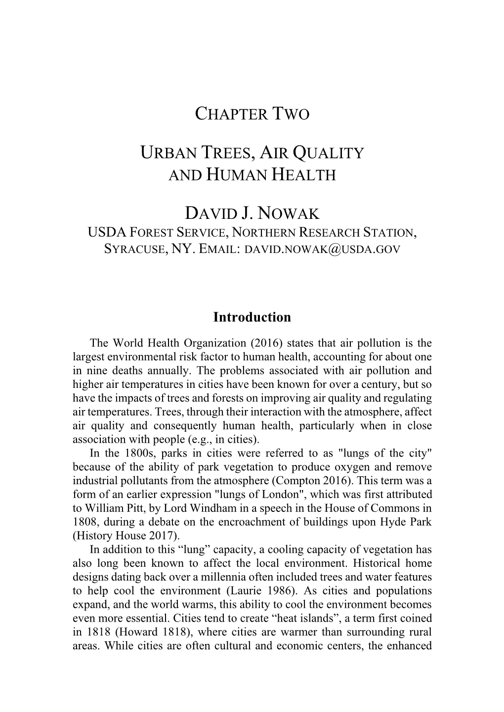 Urban Trees, Air Quality and Human Health