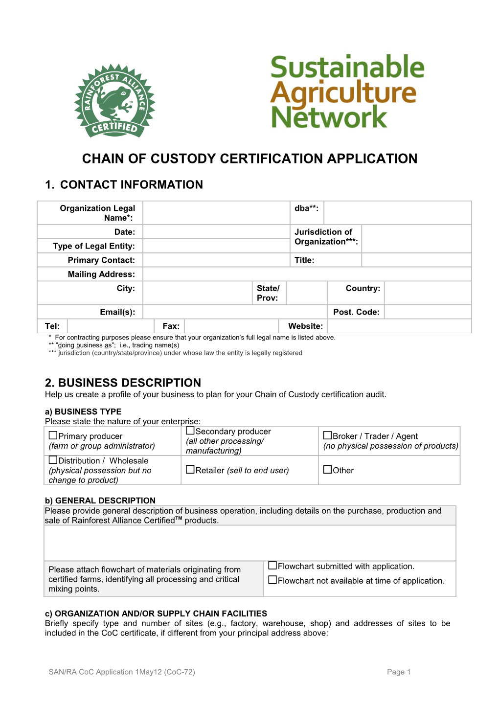 Chain of Custody Certification Application