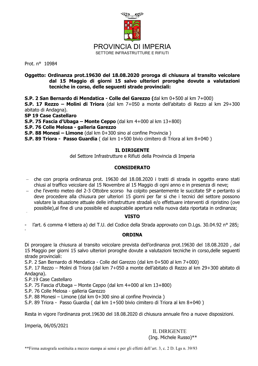 Provincia Di Imperia Settore Infrastrutture E Rifiuti