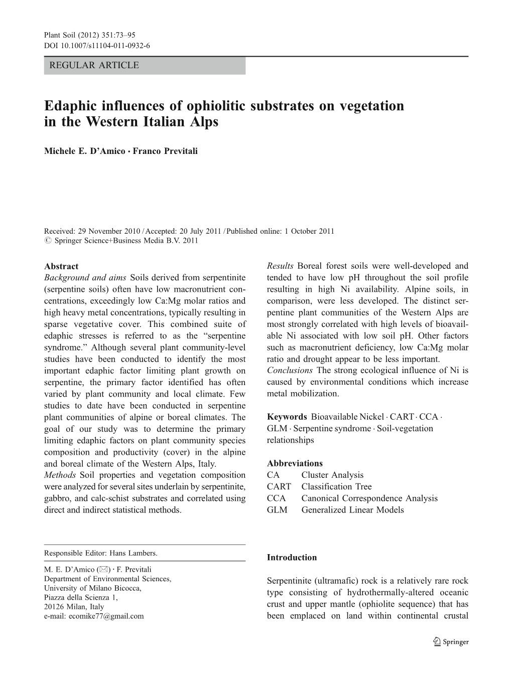 Edaphic Influences of Ophiolitic Substrates on Vegetation in the Western Italian Alps