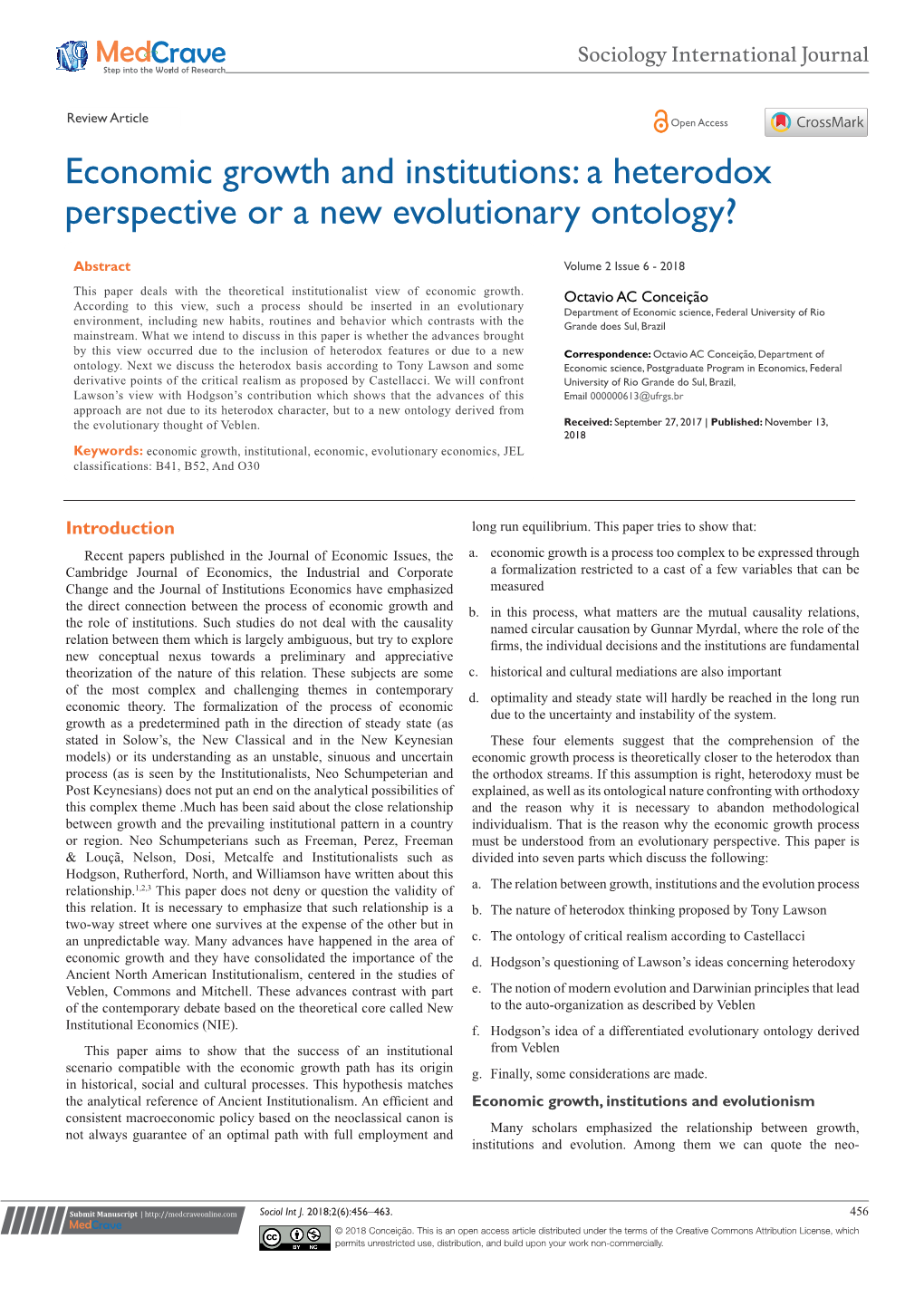 Economic Growth and Institutions: a Heterodox Perspective Or a New Evolutionary Ontology?