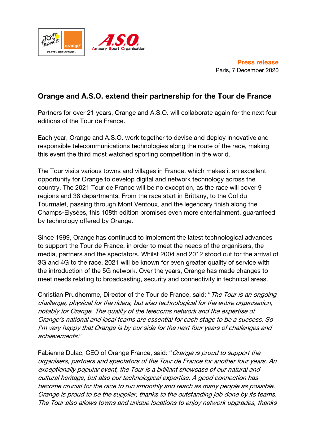 Orange and ASO Extend Their Partnership for the Tour De France