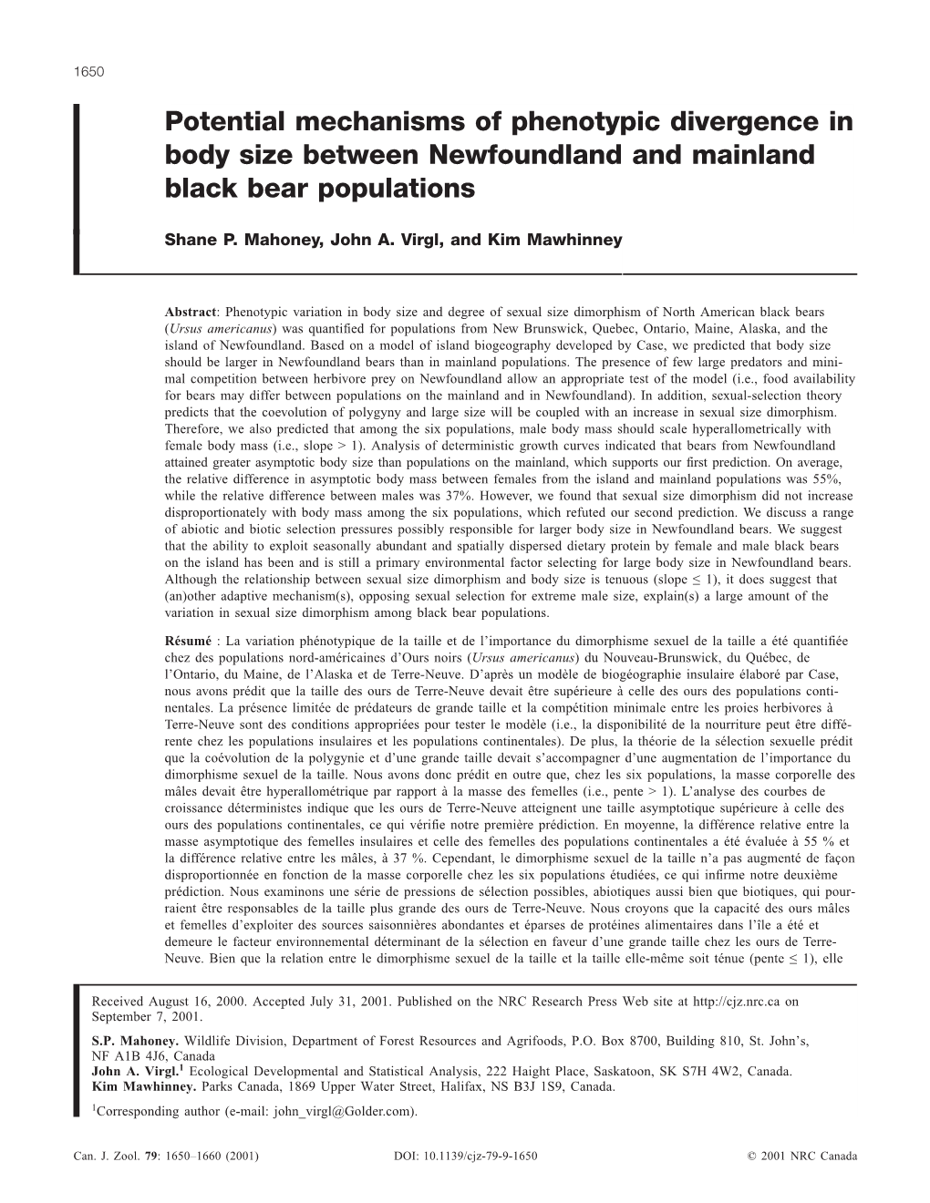 Potential Mechanisms of Phenotypic Divergence in Body Size Between Newfoundland and Mainland Black Bear Populations