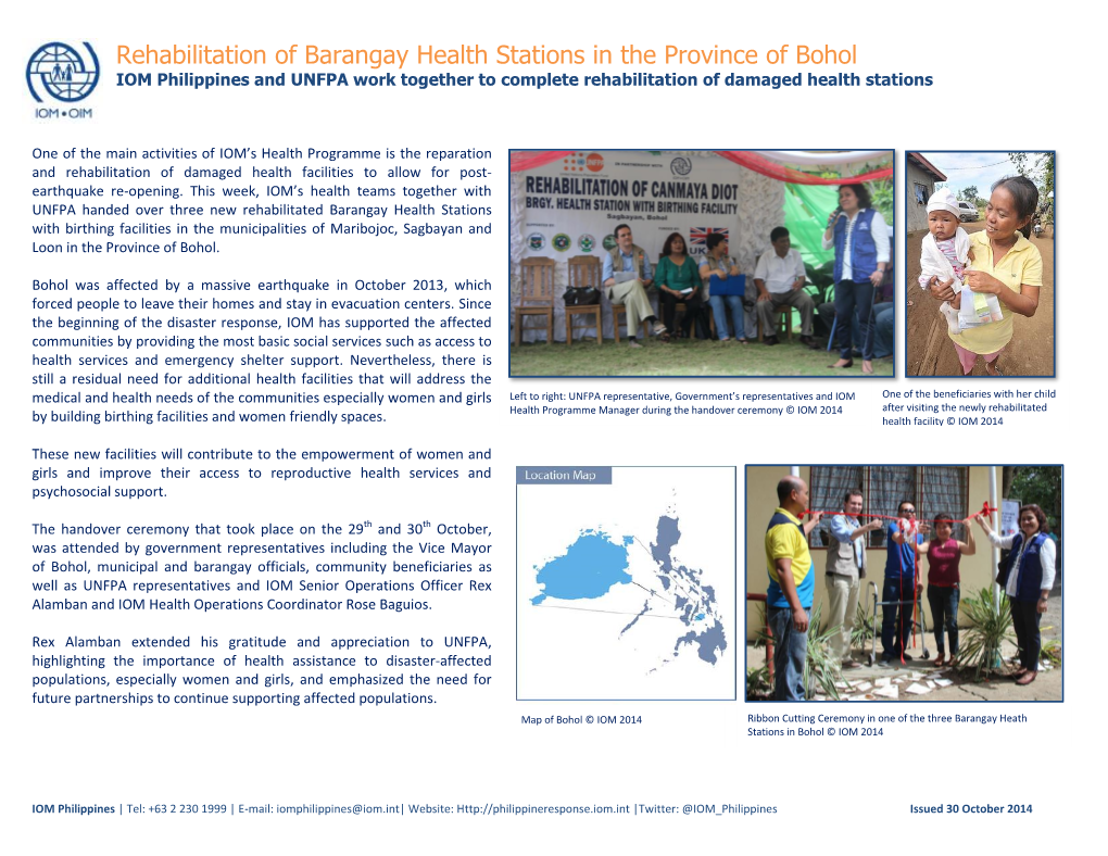 Rehabilitation of Barangay Health Stations in the Province of Bohol IOM Philippines and UNFPA Work Together to Complete Rehabilitation of Damaged Health Stations