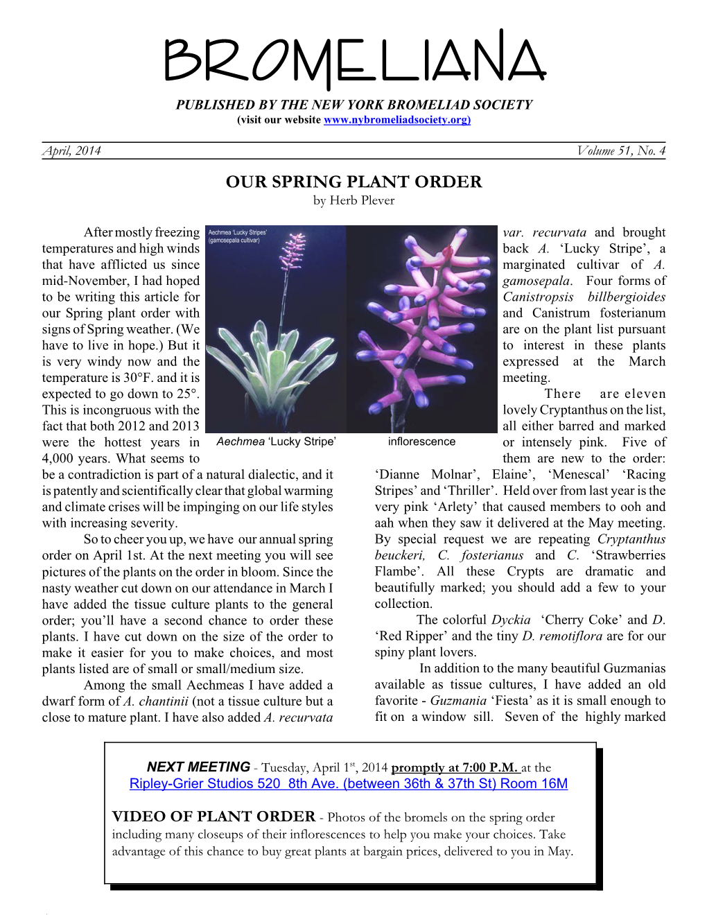 BROMELI ANA PUBLISHED by the NEW YORK BROMELIAD SOCIETY (Visit Our Website