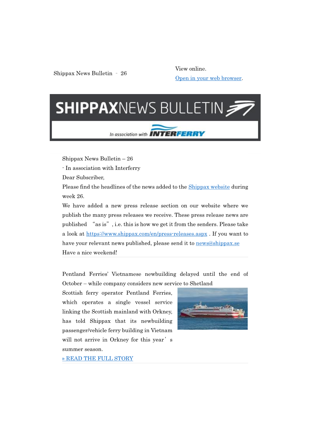 Shippax News Bulletin – 26 View Online. Open in Your Web Browser