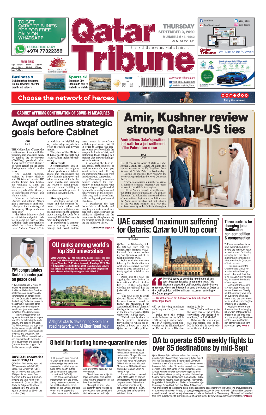 Amir, Kushner Review Strong Qatar-US Ties