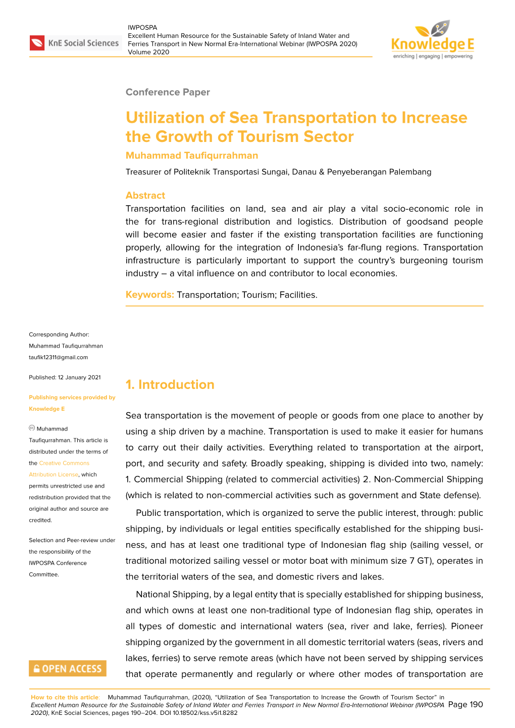 Utilization of Sea Transportation to Increase the Growth of Tourism Sector