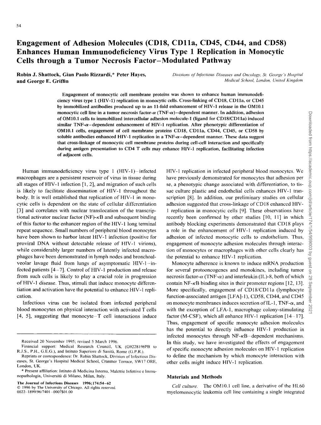 Engagement of Adhesion Molecules (Cdt8, Cdtta, CD45, CD44, and CD58) Enhances Human Immunodeficiency Virus Type T Replication In