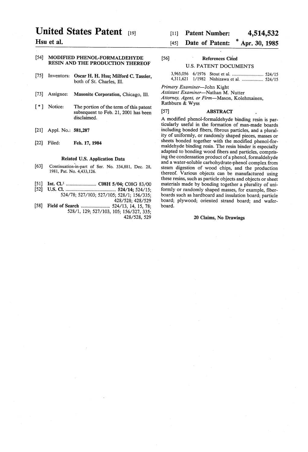 United States Patent (19) 11 Patent Number: 4,514,532 Hsu Et Al