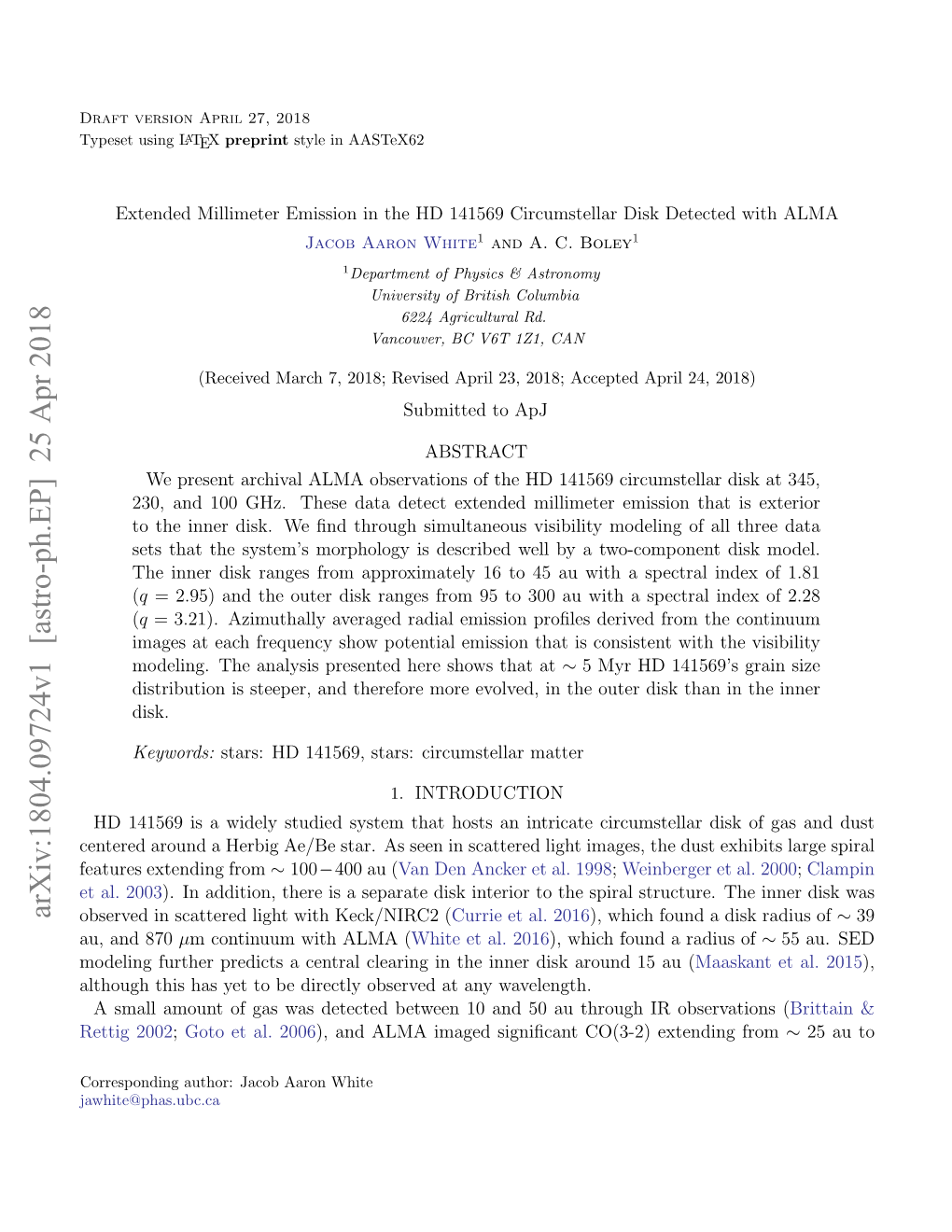 Extended Millimeter Emission in the HD 141569 Circumstellar Disk Detected with ALMA Jacob Aaron White1 and A