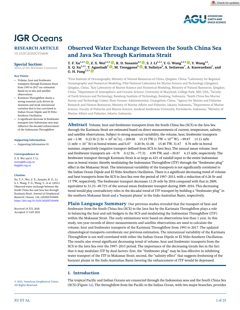 Observed Water Exchange Between the South China Sea and Java Sea