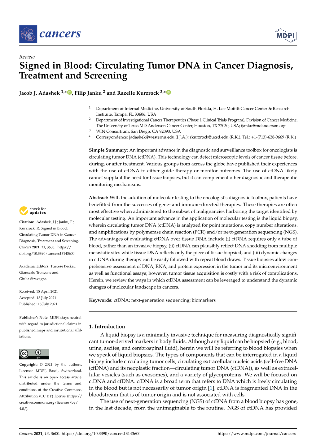 Circulating Tumor DNA in Cancer Diagnosis, Treatment and Screening