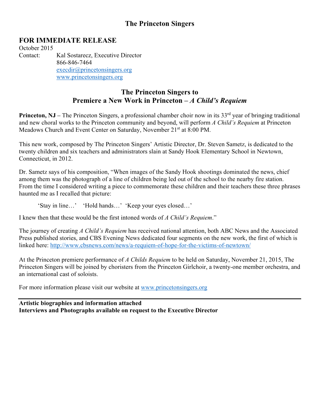 The Princeton Singers for IMMEDIATE RELEASE the Princeton Singers to Premiere a New Work in Princeton – a Child's Requiem