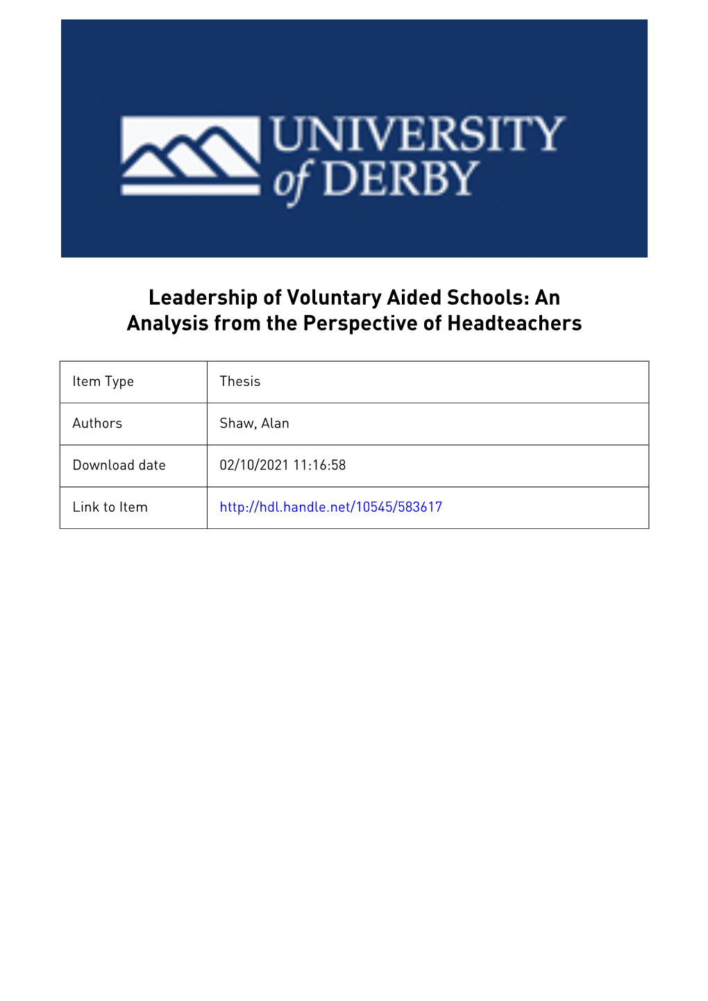 Leadership of Voluntary Aided Schools: an Analysis from the Perspective of Headteachers