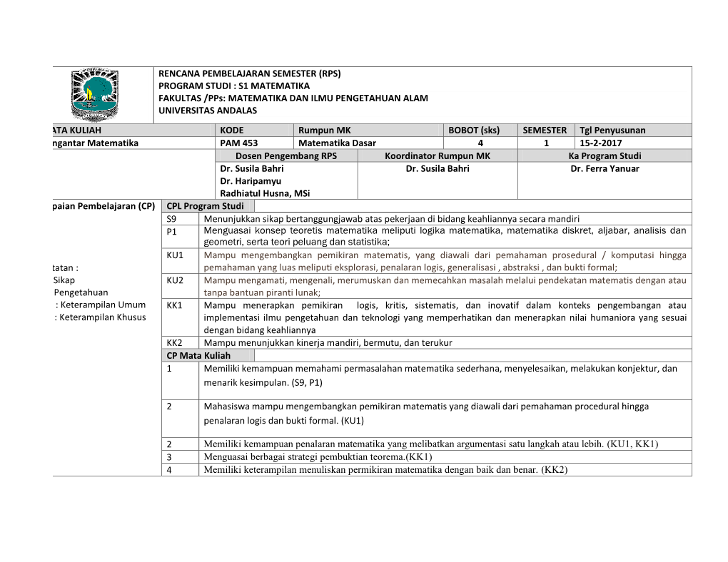 RPS) PROGRAM STUDI : S1 MATEMATIKA FAKULTAS /Pps: MATEMATIKA DAN ILMU PENGETAHUAN ALAM UNIVERSITAS ANDALAS