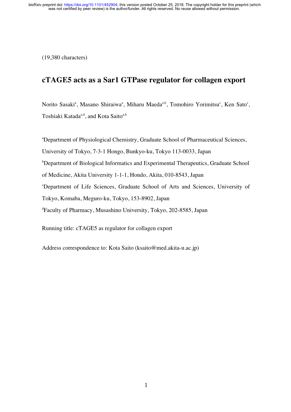 Ctage5 Acts As a Sar1 Gtpase Regulator for Collagen Export