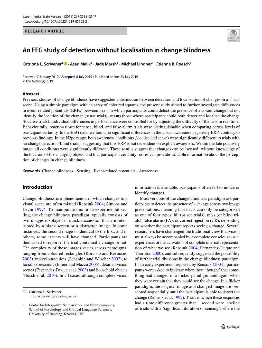 An EEG Study of Detection Without Localisation in Change Blindness