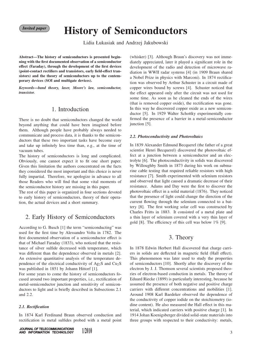 History of Semiconductors Lidia Łukasiak and Andrzej Jakubowski