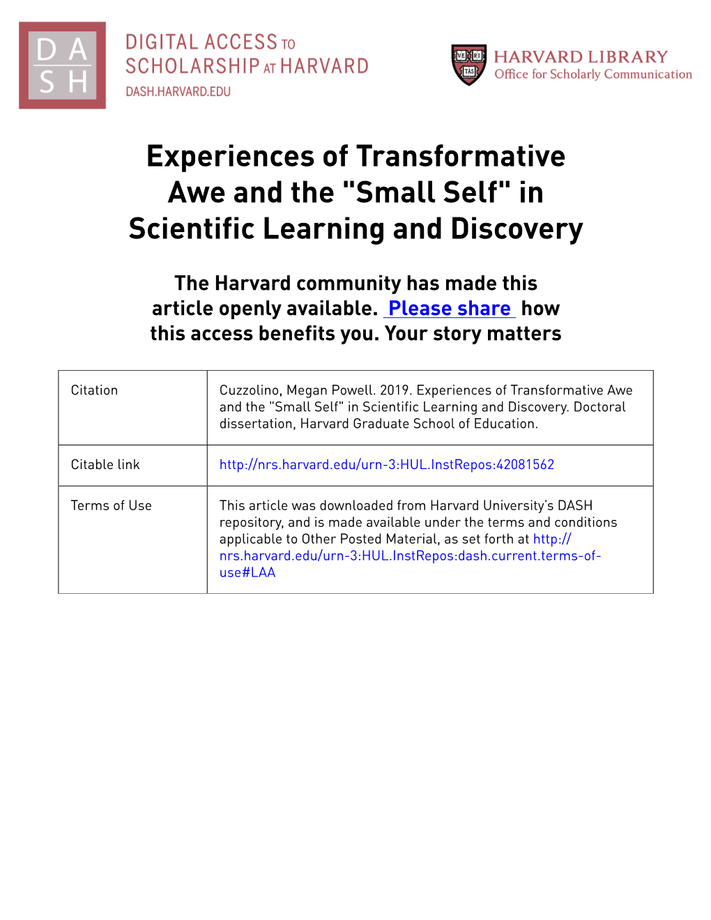 Experiences of Transformative Awe and the "Small Self" in Scientific Learning and Discovery