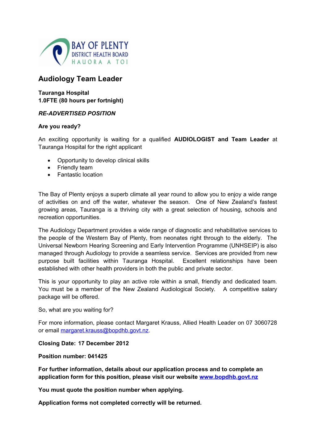 Audiology Team Leader