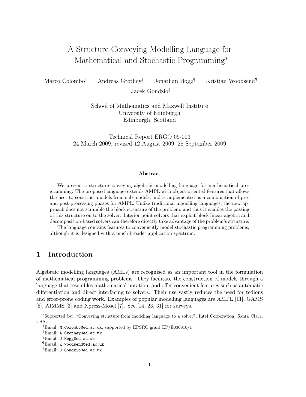 A Structure-Conveying Modelling Language for Mathematical and Stochastic Programming∗