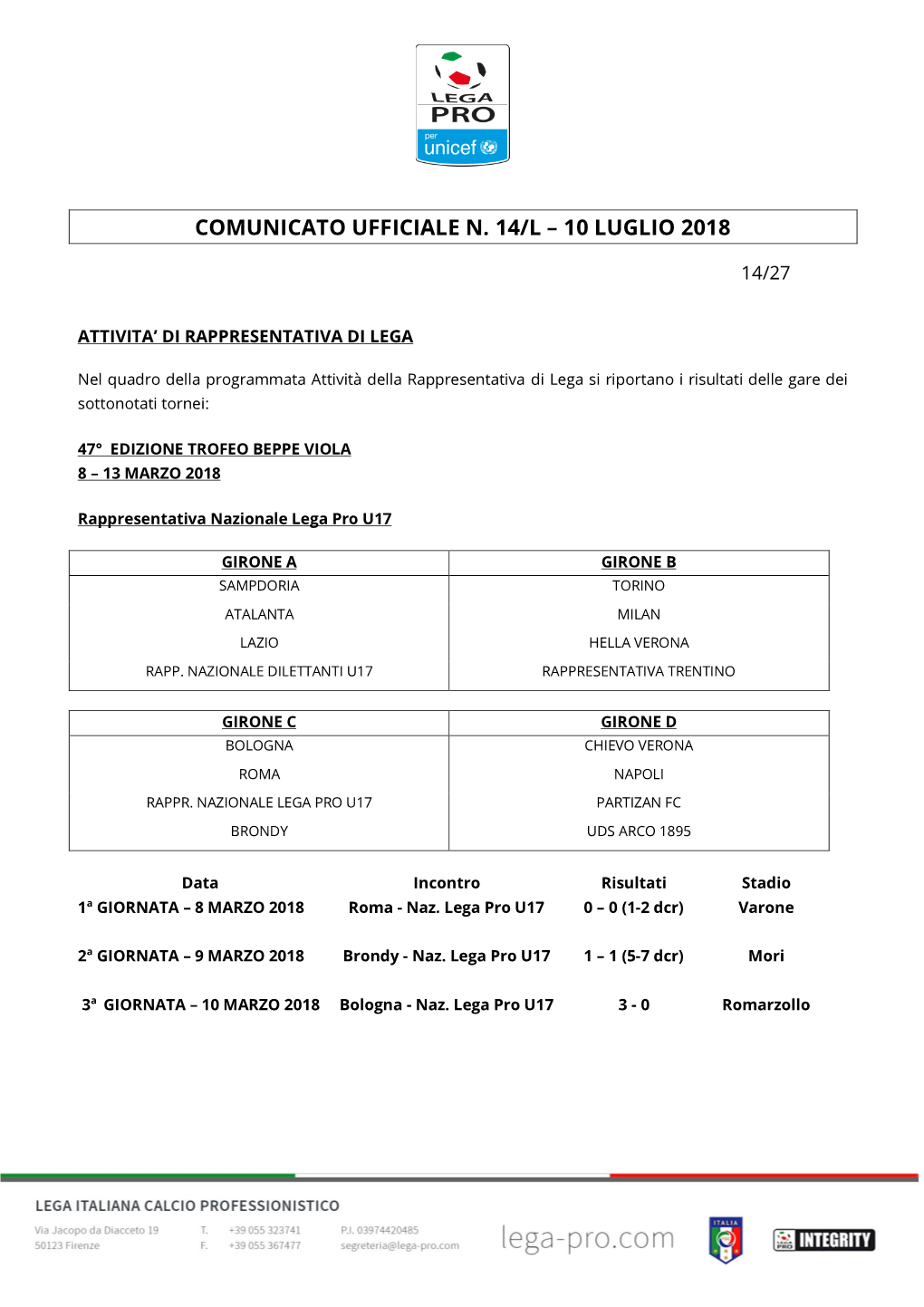 Comunicato Ufficiale N. 14/L – 10 Luglio 2018