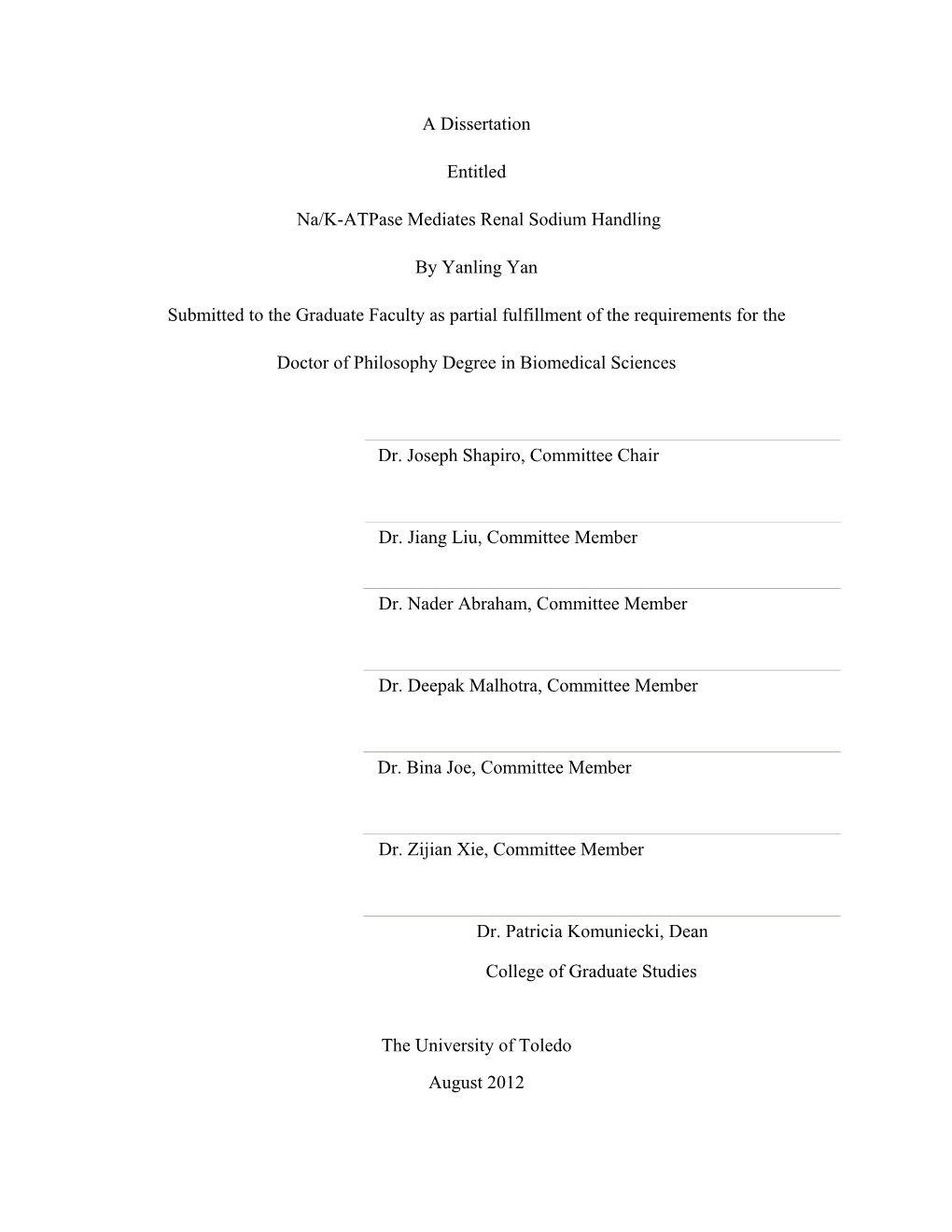 A Dissertation Entitled Na/K-Atpase Mediates Renal Sodium Handling