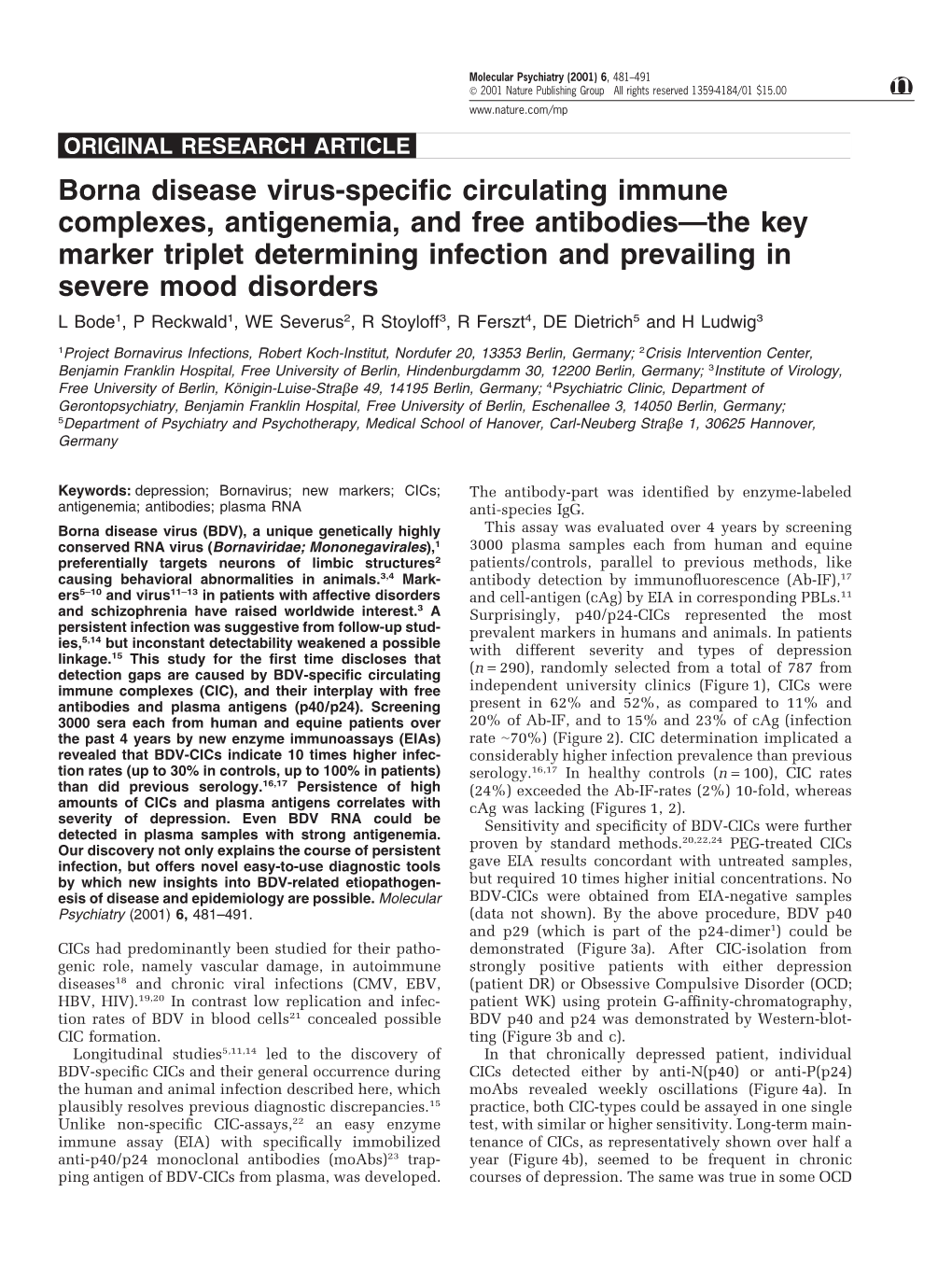 Borna Disease Virus-Specific Circulating Immune Complexes