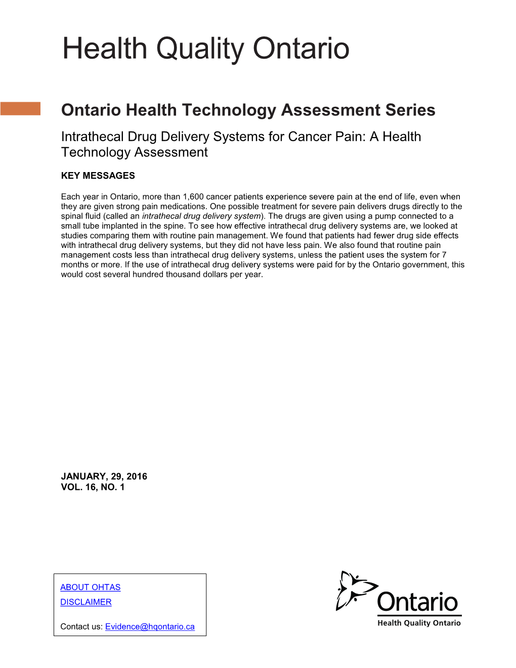 Intrathecal Drug Delivery Systems for Cancer Pain: a Health Technology Assessment