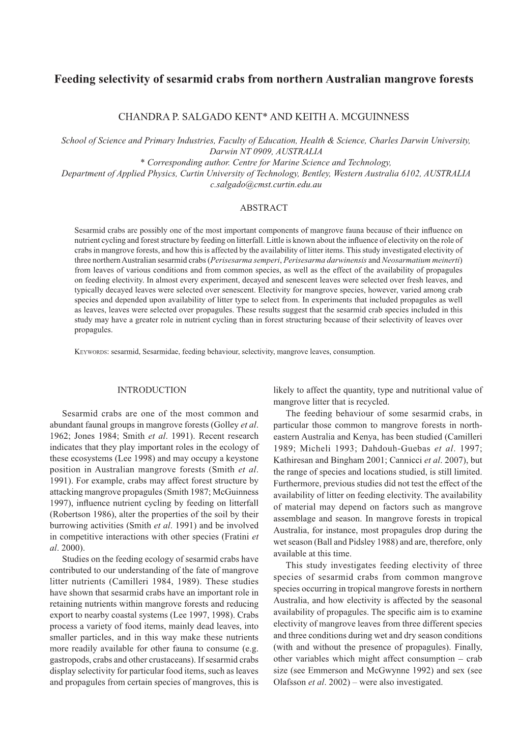 Feeding Selectivity of Sesarmid Crabs from Northern Australian Mangrove Forests