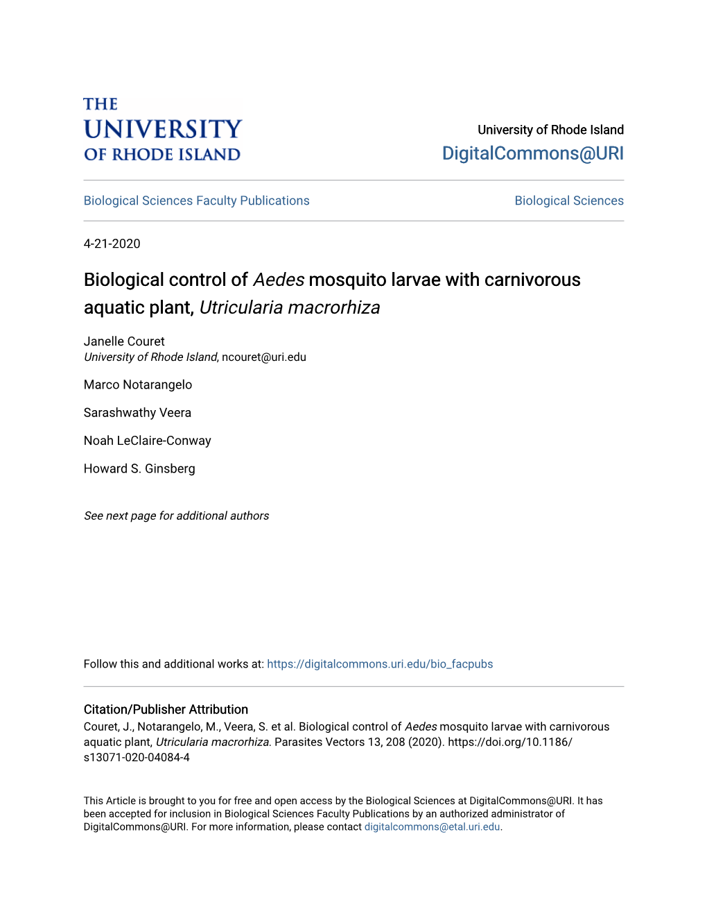 Biological Control of Aedes Mosquito Larvae with Carnivorous Aquatic Plant, Utricularia Macrorhiza