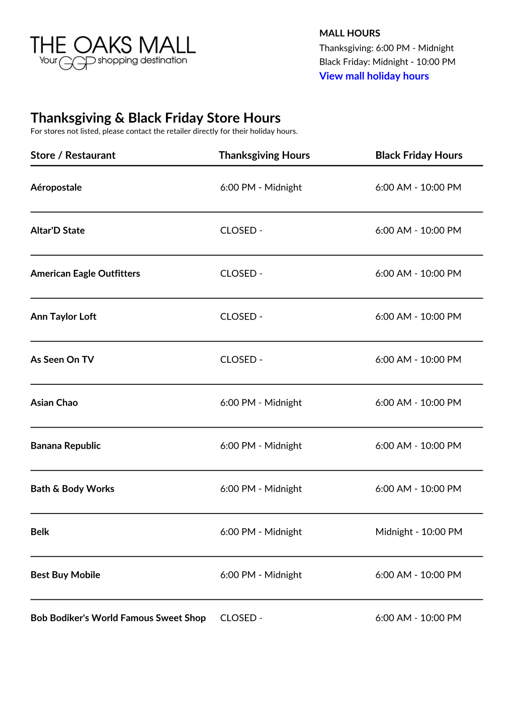 Thanksgiving & Black Friday Store Hours