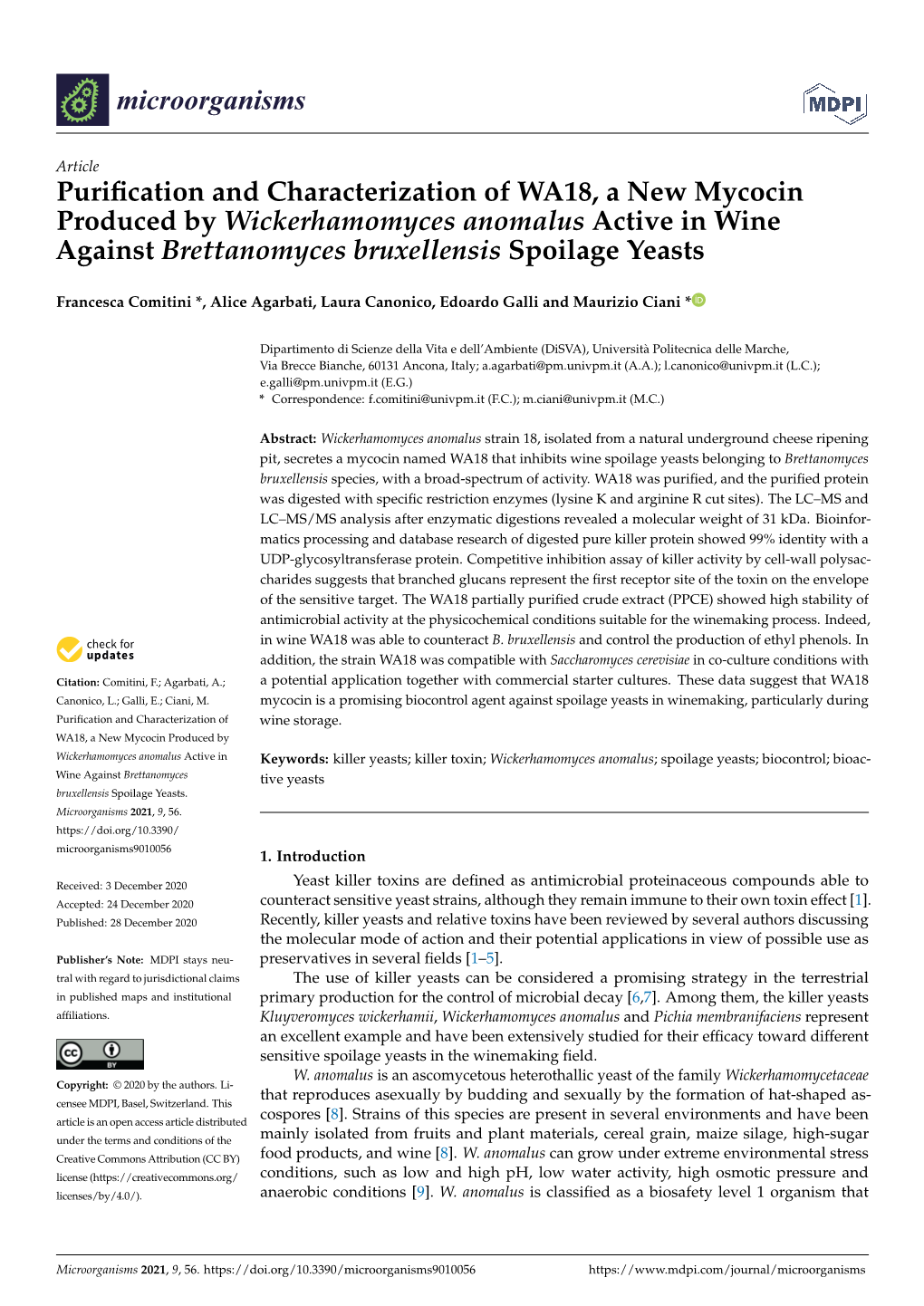 Purification and Characterization of WA18, a New Mycocin Produced By